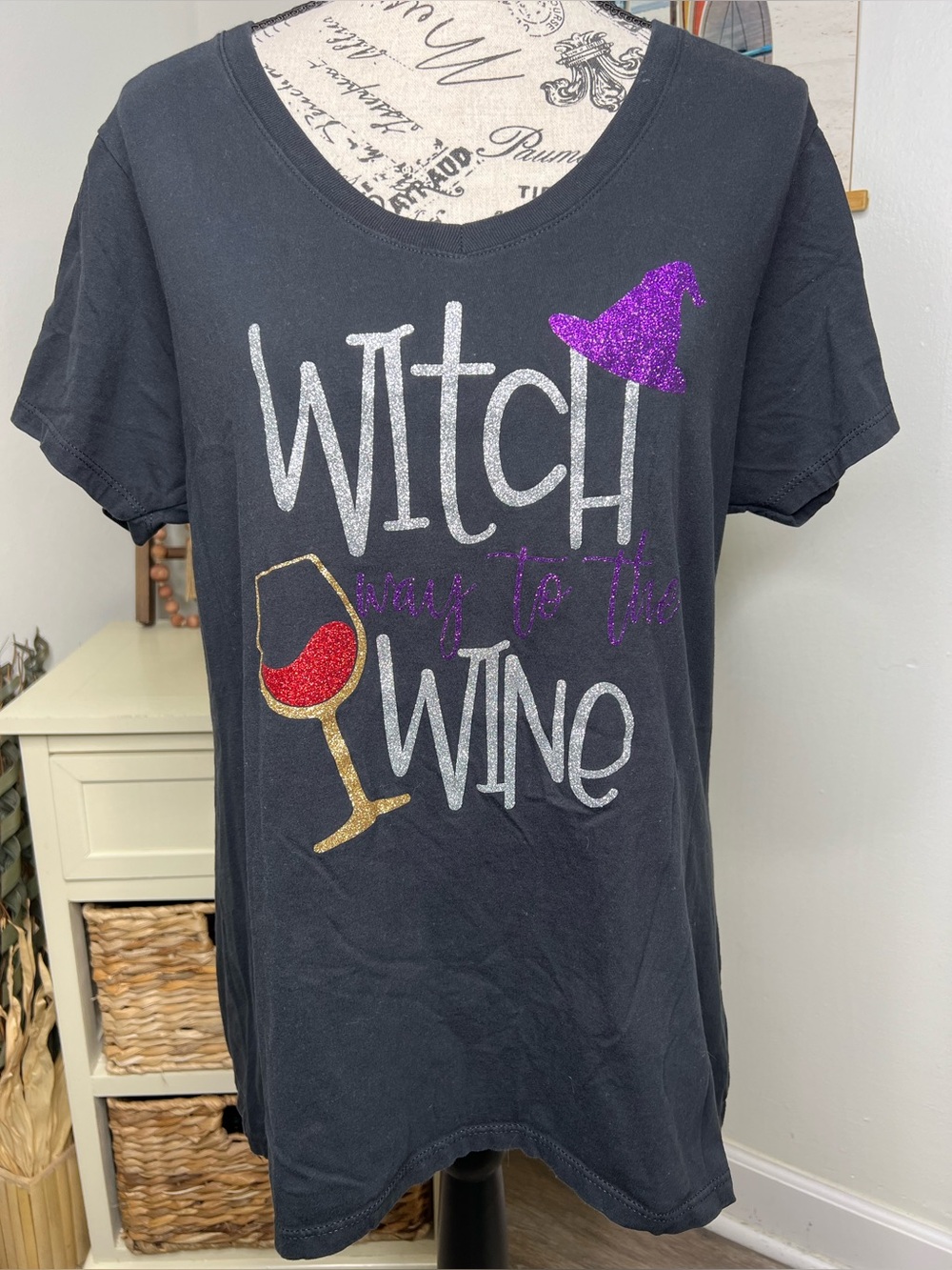 Port & Company Witch Way to the Wine Glitter Flake T-Shirt